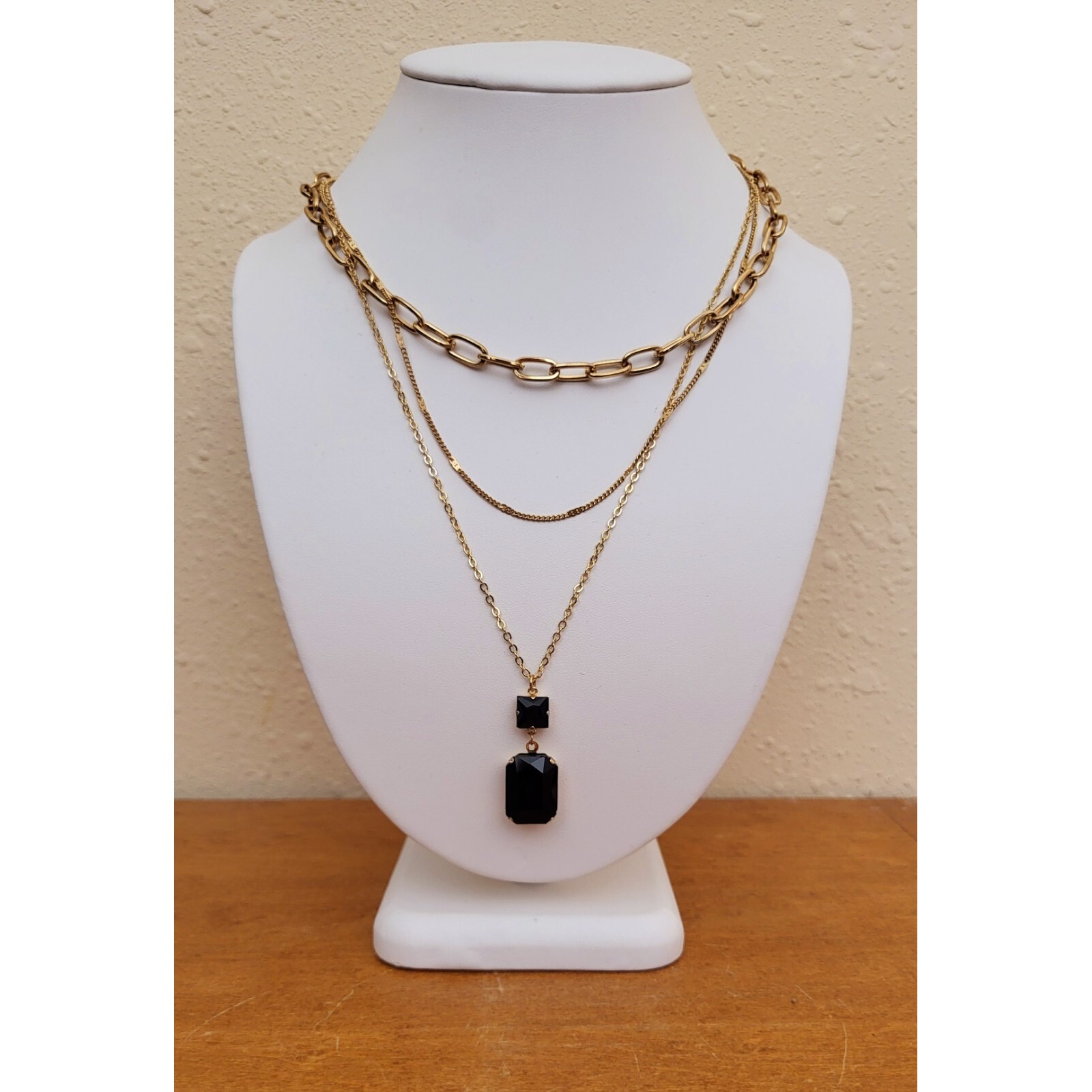 Pink Panache Triple Strand Gold Tone Chain Necklace Faux Black Onyx Drop Pendant 25$